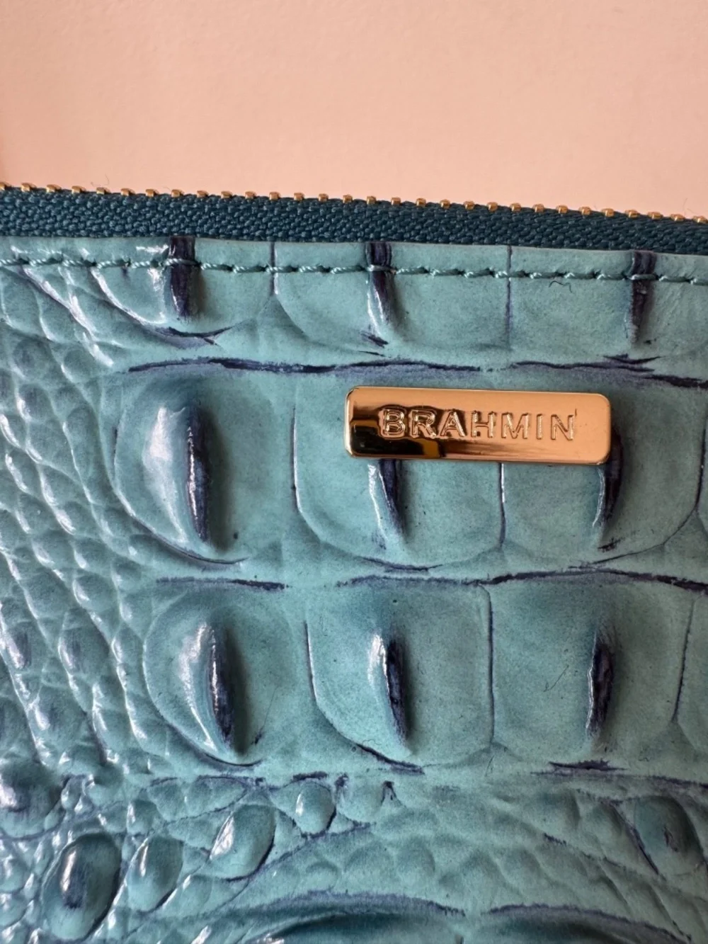 Brahmin Daisy Croc Leather Wristlet Bag Clutch Bottle Blue Ombre Melbourne New